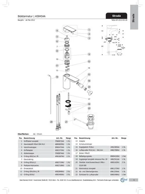 Schematische Darstellung eines Bidetarmatur-Bausatzes von Ideal Standard, mit nummerierten Einzelteilen und deren Bezeichnungen zur Identifikation und Montage.